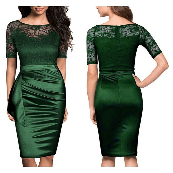 💚 Elegant Romantic Lace Satin Fitted Ruched Ruffles Retro Pencil Dress XXL NWT - Picture 8 of 10